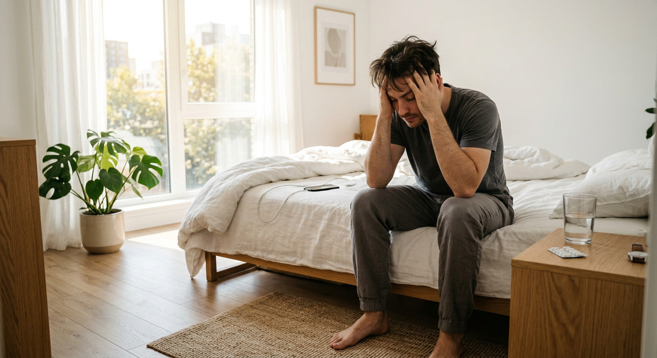 Человек, страдающий от симптомов похмелья, в современной квартире утром.