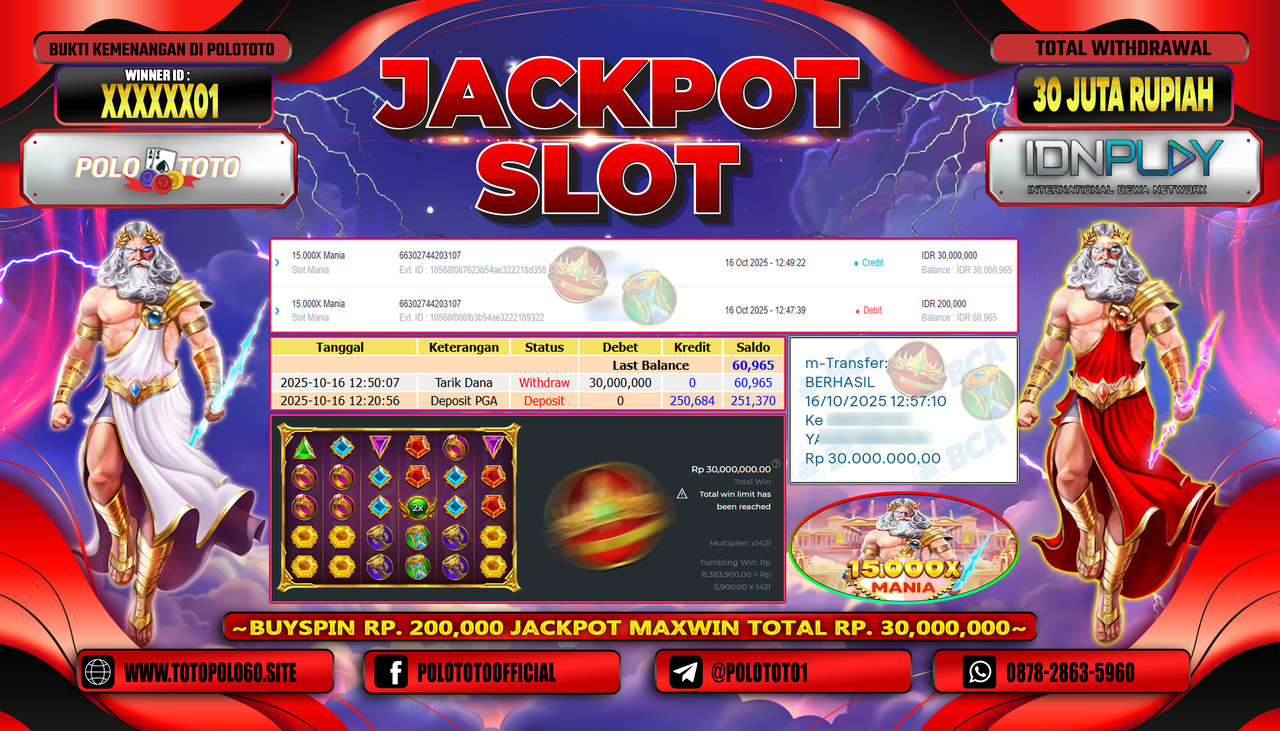 POLOTOTO JACKPOT SLOT GATES OF OLYMPUS 1000 Rp.30.000.000,- LUNAS