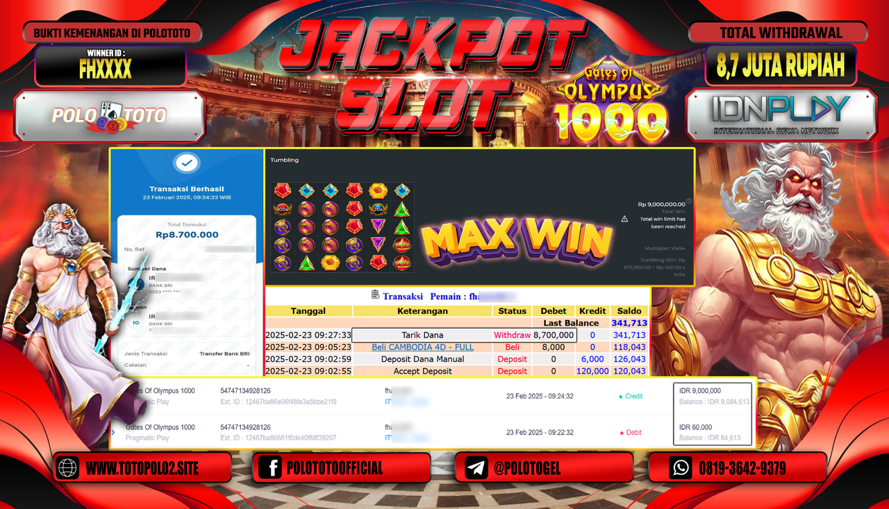 POLOTOTO JACKPOT SLOT GATES OF OLYMPUS 1000 Rp.8.700.000,-