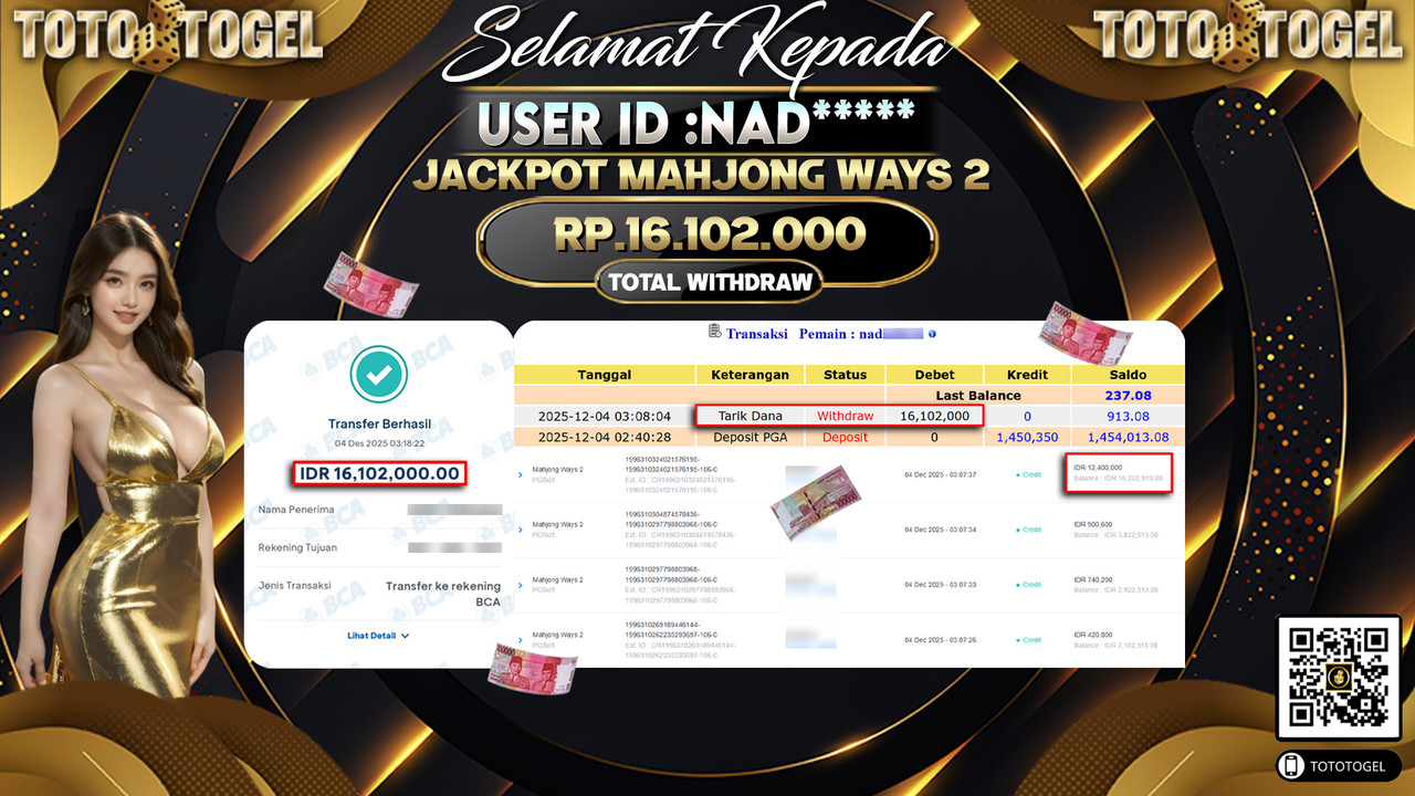Bukti Pembayaran Jackpot Permainan Slot Mahjong Ways 2 ID:NAD***** LUNAS
