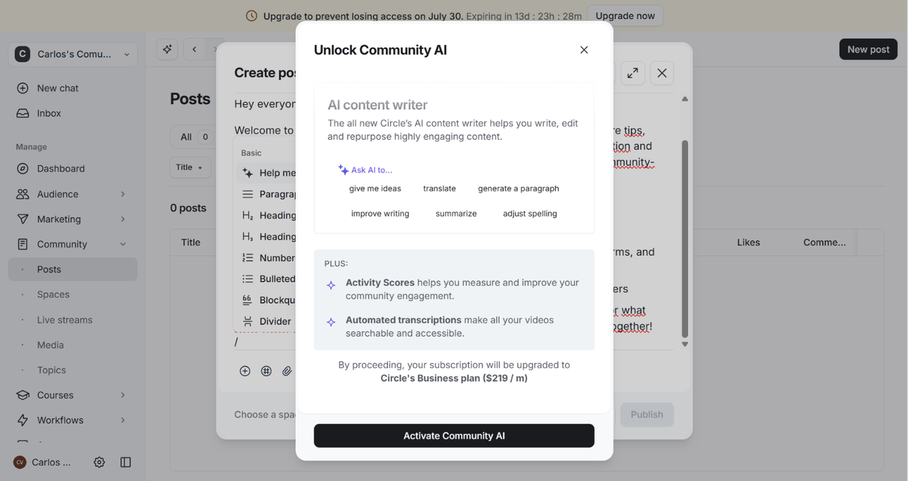 Circle AI content writer upgrade prompt