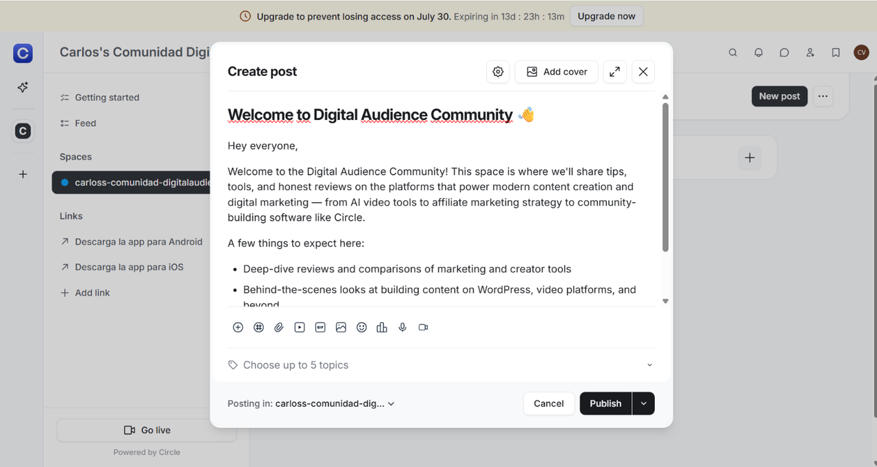 Creating a post inside Circle's editor