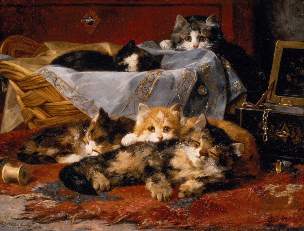 6-Charles-van-den-Eycken-Kittens-by-a-Sewing-Basket-oil-on-canvas-Meister-Drucke-1316993
