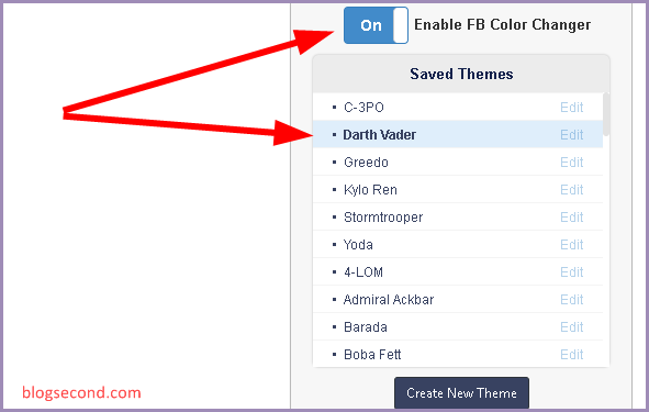 Tampilan dari Ekstensi Color & Theme Changer for Facebook pada Opera
