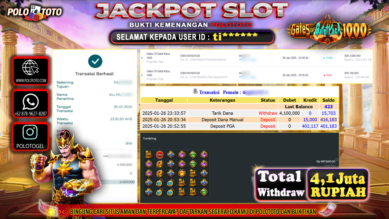 POLOTOTO JACKPOT SLOT GATES OF GATOTKACA 1000 Rp.4,100.000,-
