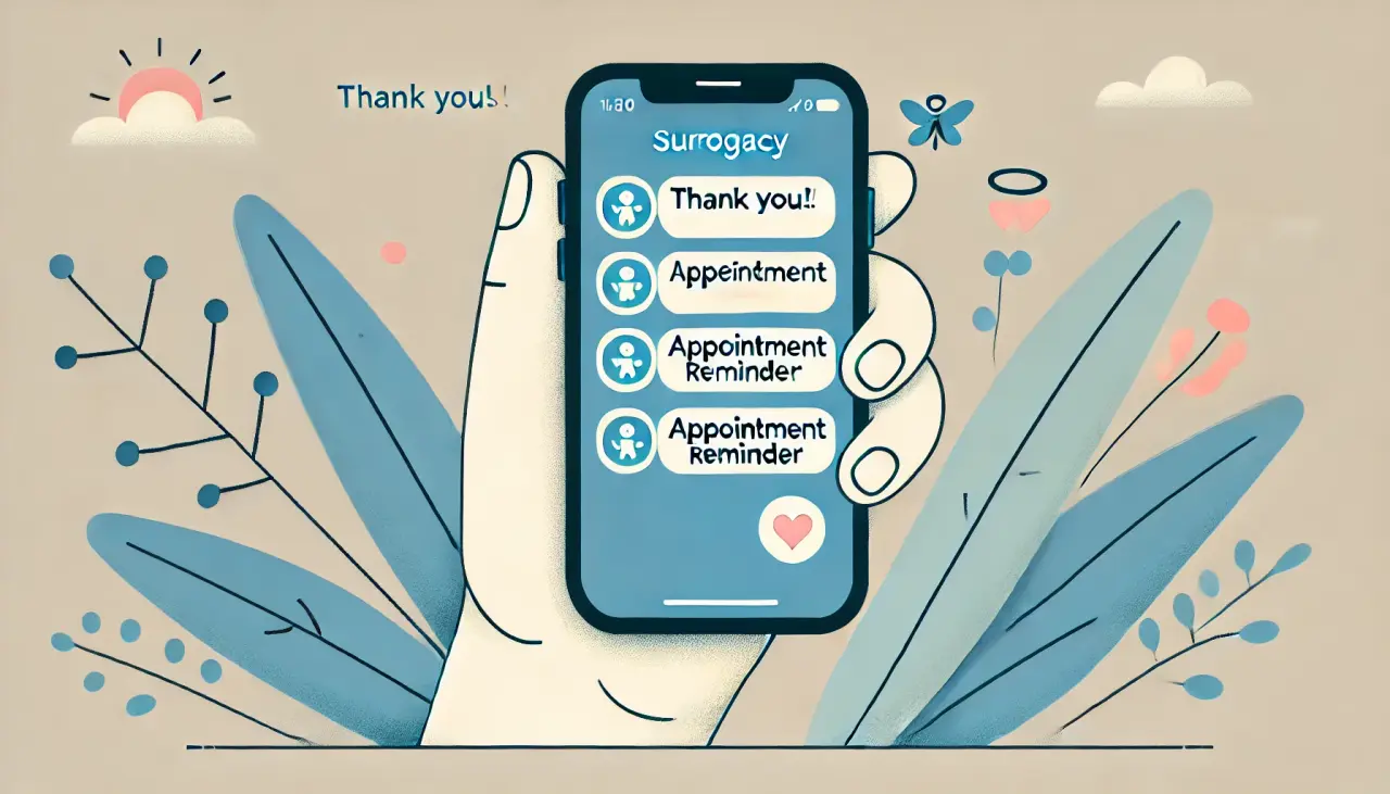 Illustration of message updates between intended parents and surrogate, symbolizing regular communication and connection in surrogacy.