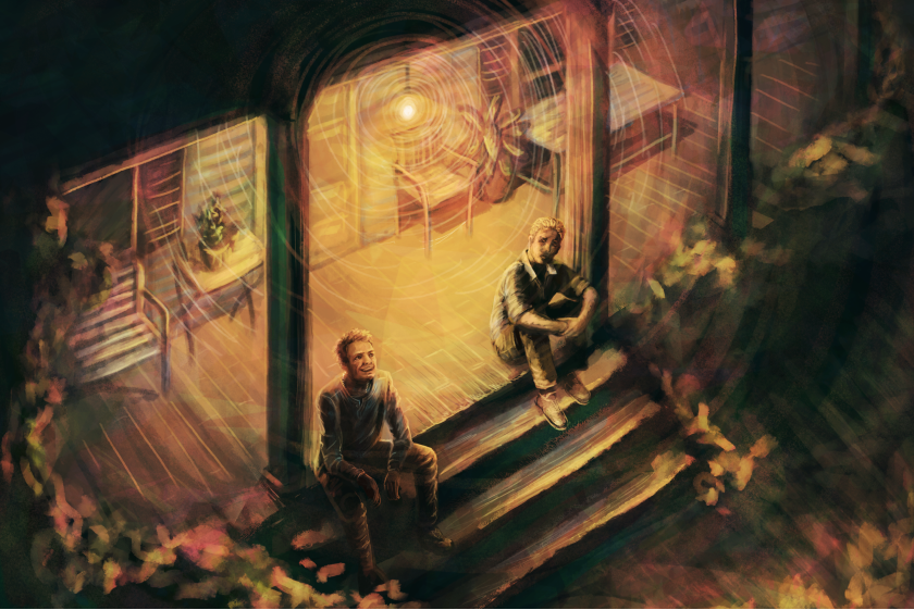 [Image of Steve and Bucky sitting on the porch steps at night]