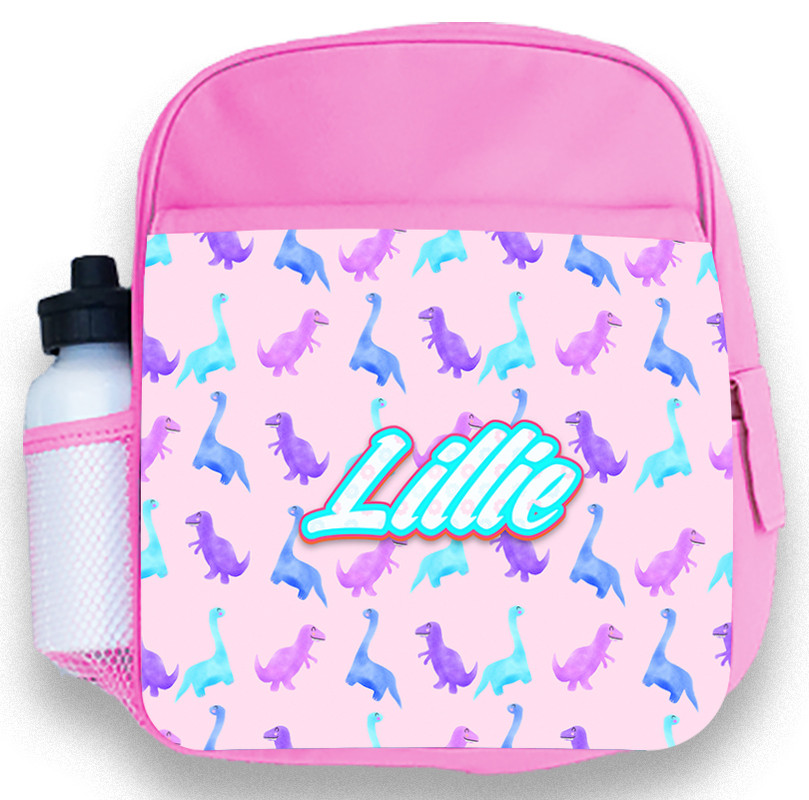 Personalised Pink Purple Dino Dinosaurs Girls Kids Backpack Childrens School Bag