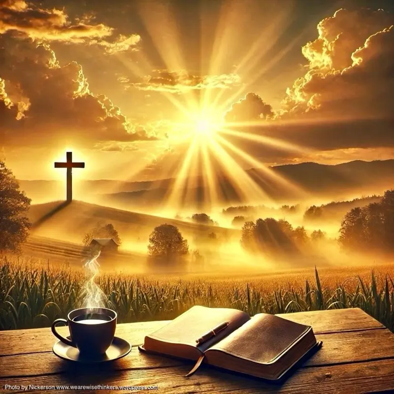 A serene morning scene with a steaming cup of coffee and an open book on a wooden table, set against a backdrop of a golden sunrise illuminating a cross on a hill and misty fields.