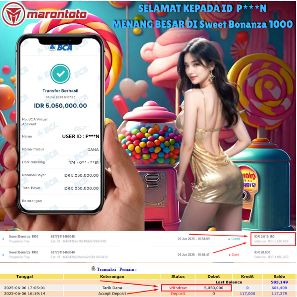 Bukti Kemenangan Member Marontoto Sebesar 5,050,000 JuTa