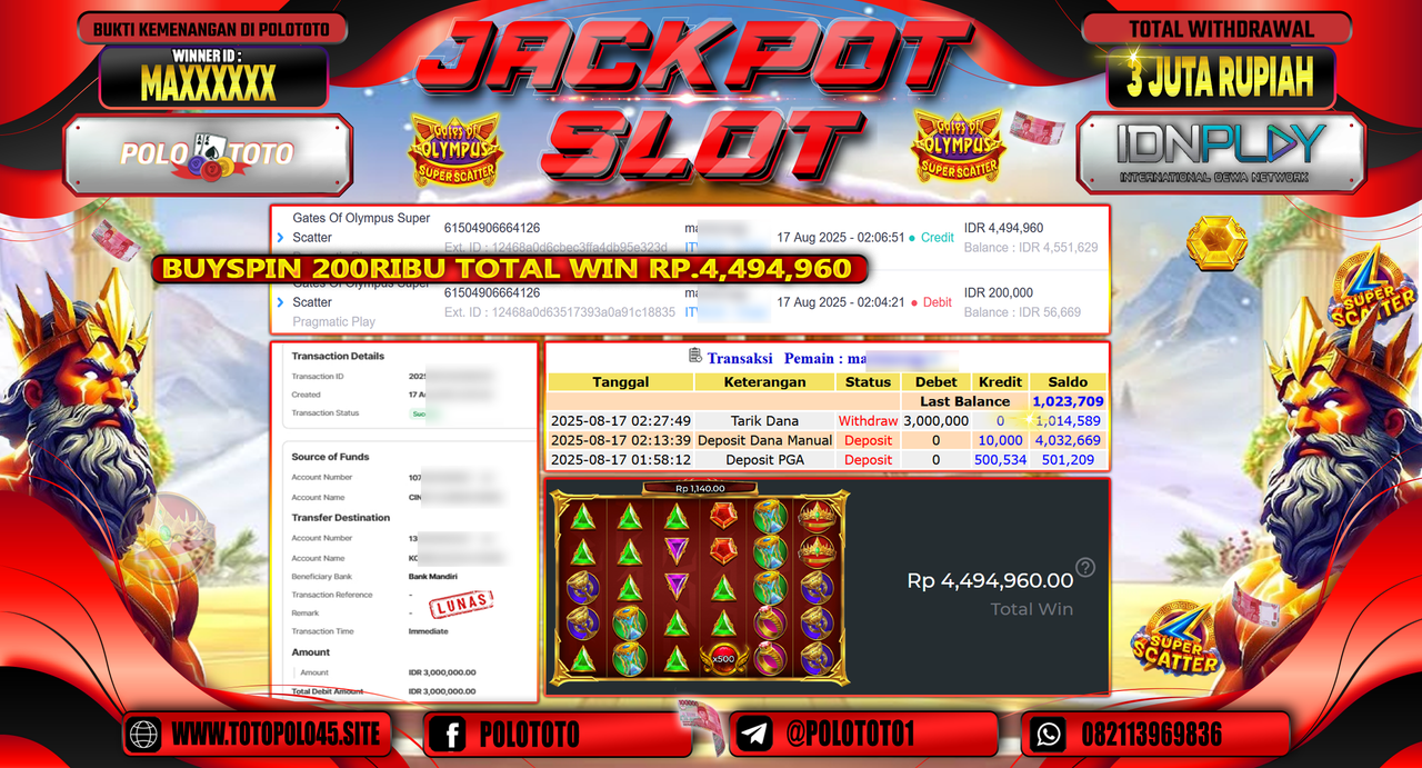 POLOTOTO JACKPOT SLOT GATES OF OLYMPUS SUPER SCATTER Rp.3.000.000,-