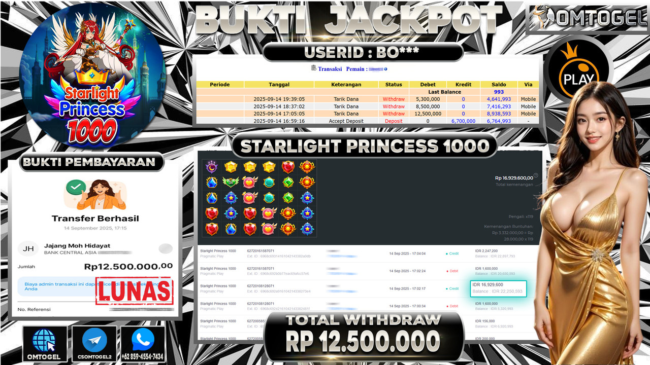 OMTOGEL JACKPOT PRAGMATIC PLAY STARLIGHT PRINCESS 1000 12 JUTA DI BAYAR LUNAS ,-