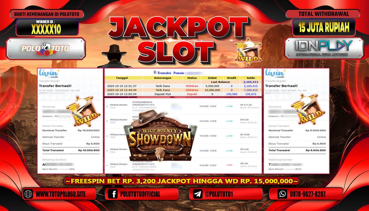 POLOTOTO JACKPOT SLOT WILD BOUNTHY SHOWDOWN Rp.15.000.000,- LUNAS