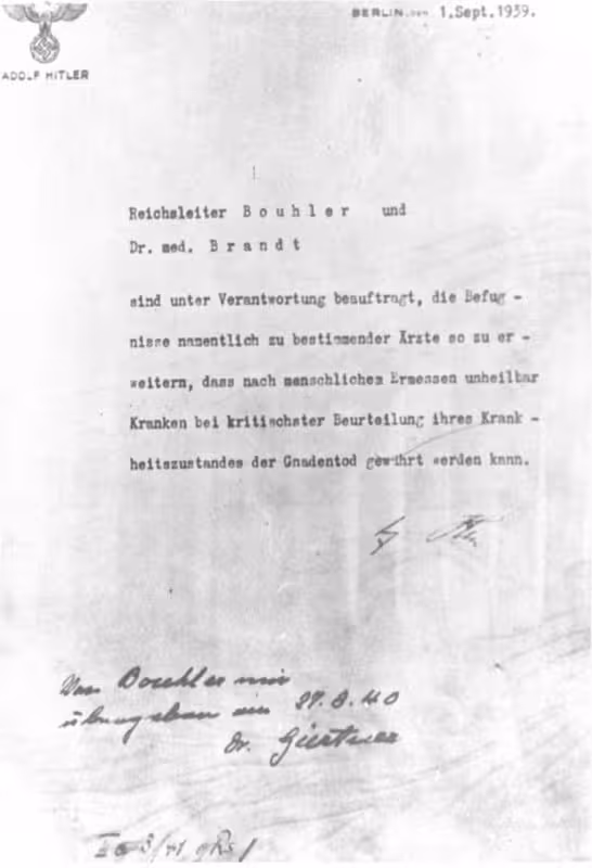Autorización de Adolf Hitler para el programa de eutanasia, firmada en octubre, pero fechada el 1 de septiembre de 1939
