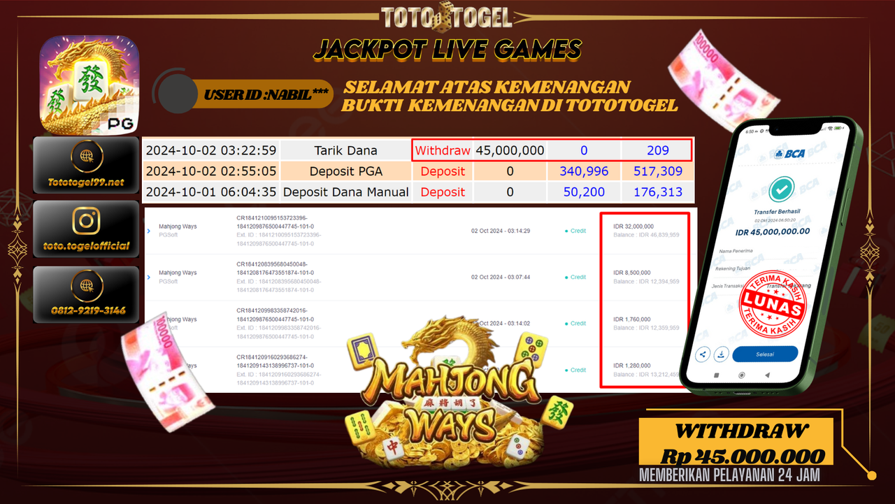 Bukti Kemenangan Permainan Slot Mahjong Wayz  ID : NABIL** Terbayar Lunas!!
