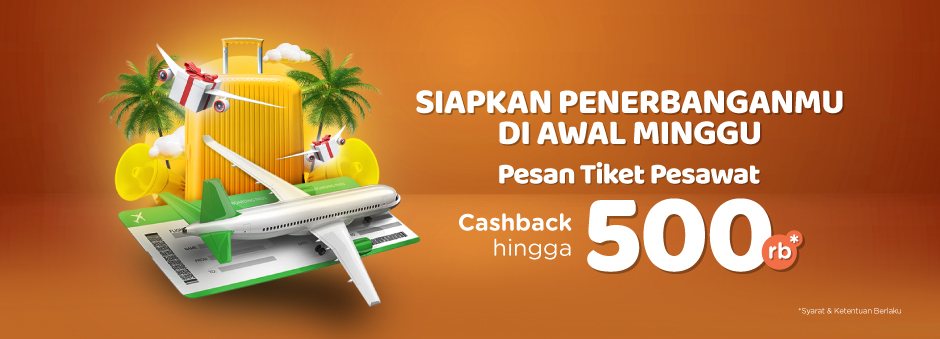 Promo cashback hingga Rp 500 ribu untuk pembelian tiket pesawat di Tokopedia