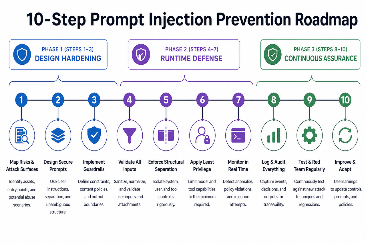 10-step prompt injection attack prevention roadmap flowchart