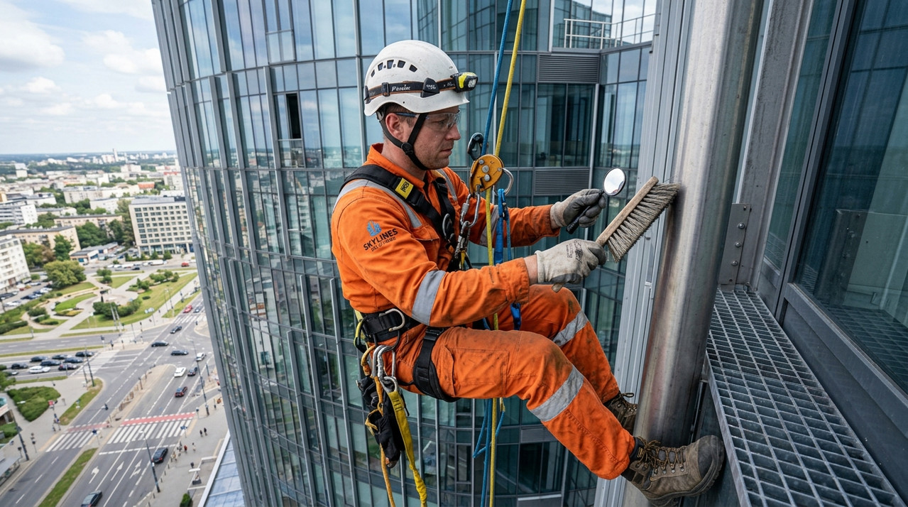 Работник проводит осмотр и очистку драйкулера на высоте с альпинистским оборудованием