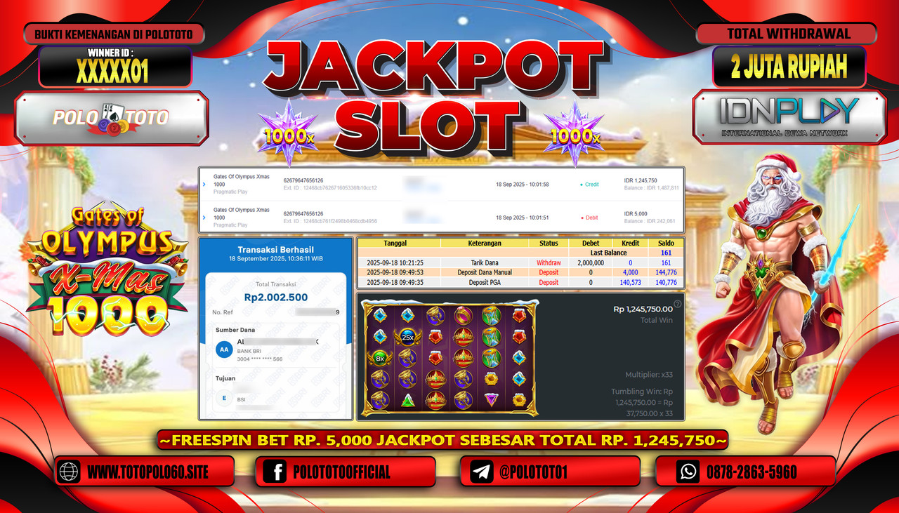 POLOTOTO JACKPOT SLOT GATES OF OLYMPUS XMAS 1000 Rp.2.000.000,- LUNAS