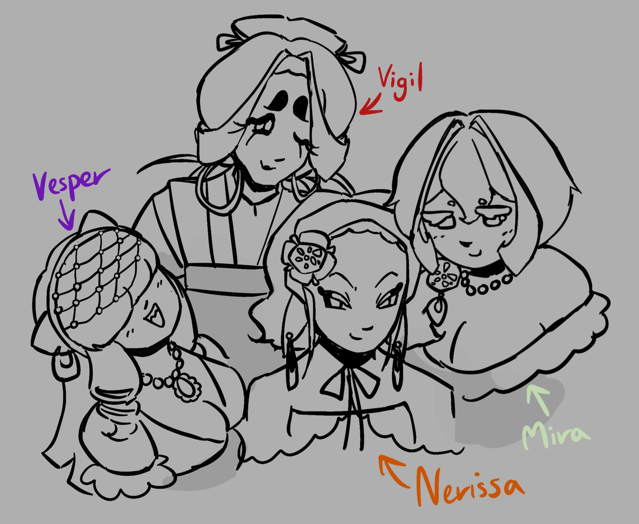 Drawing of vesper, vigil, mira, and nerissa