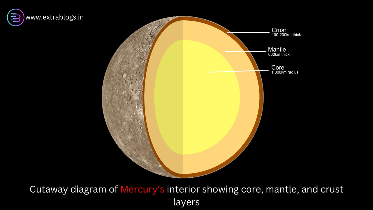 Cutaway diagram of Mercury’s interior showing core, mantle, and crust layers