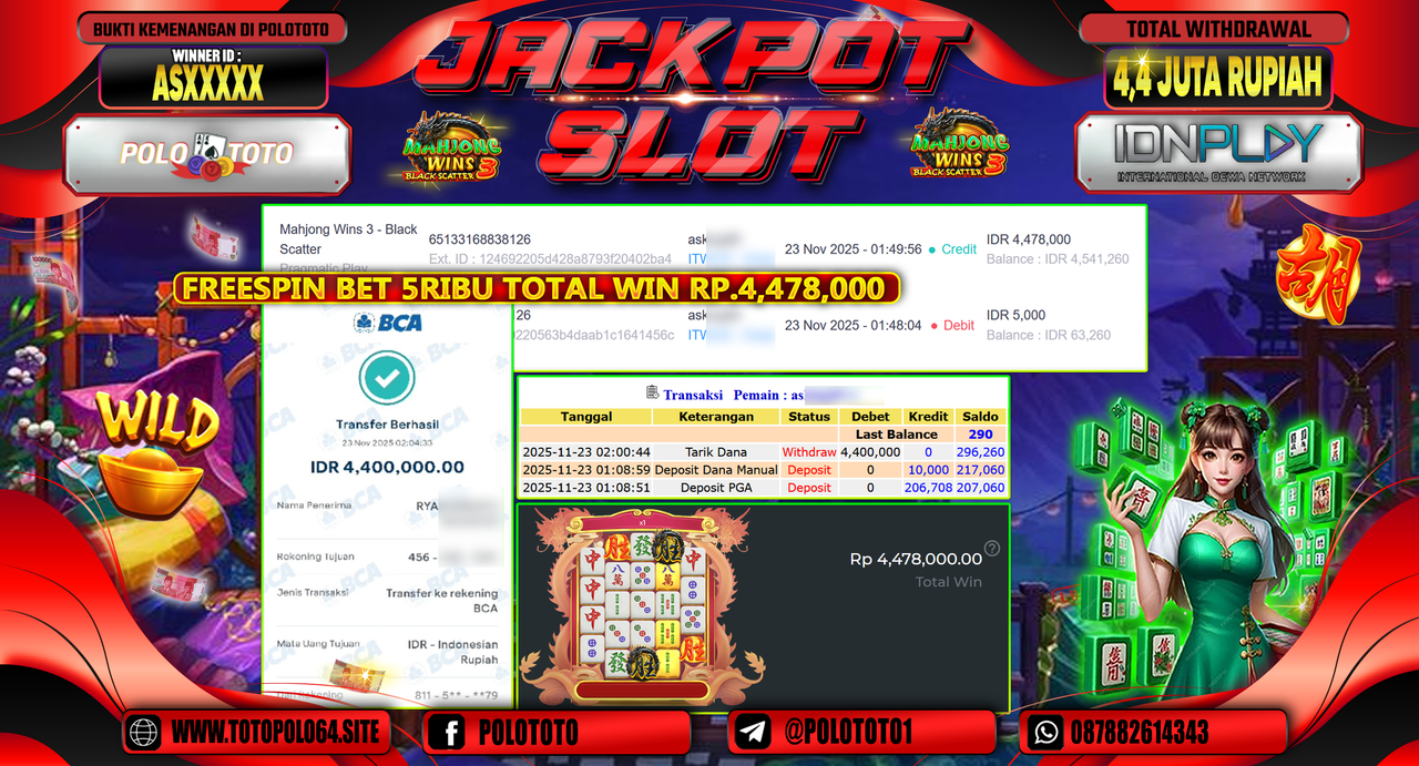 POLOTOTO JACKPOT SLOT MAHJONG WINS 3 - BLACK SCATTER Rp..4.400.000,- LUNAS