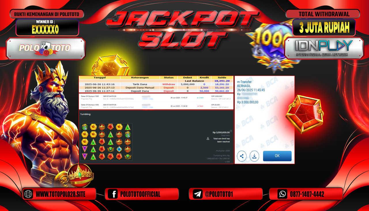 POLOTOTO JACKPOT SLOT GATES OF OLYMPUS 1000 Rp.3.000.000,- LUNAS