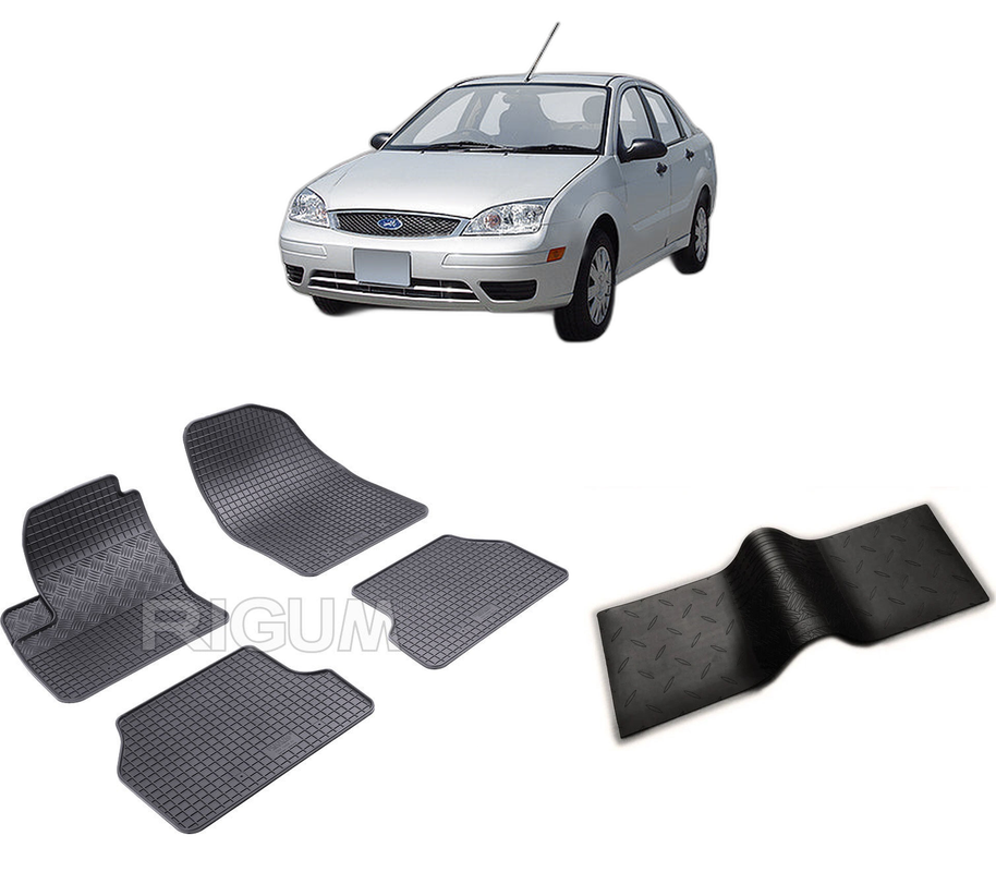 Set covorase auto FORD FOCUS II din 2004-02.2011, cu covoras tunel median, CAROSERIE SEDAN, Presuri cauciuc 100%, compatibil cu autoturismul FORD FOCUS II, Rigum