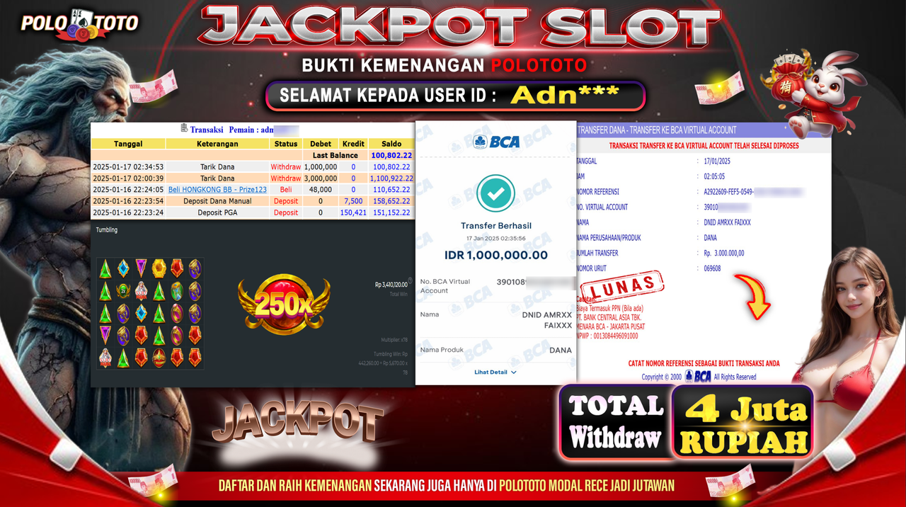 POLOTOTO JACKPOT SLOT GATES OF OLYMPUS 1000 Rp.4,000.000,-