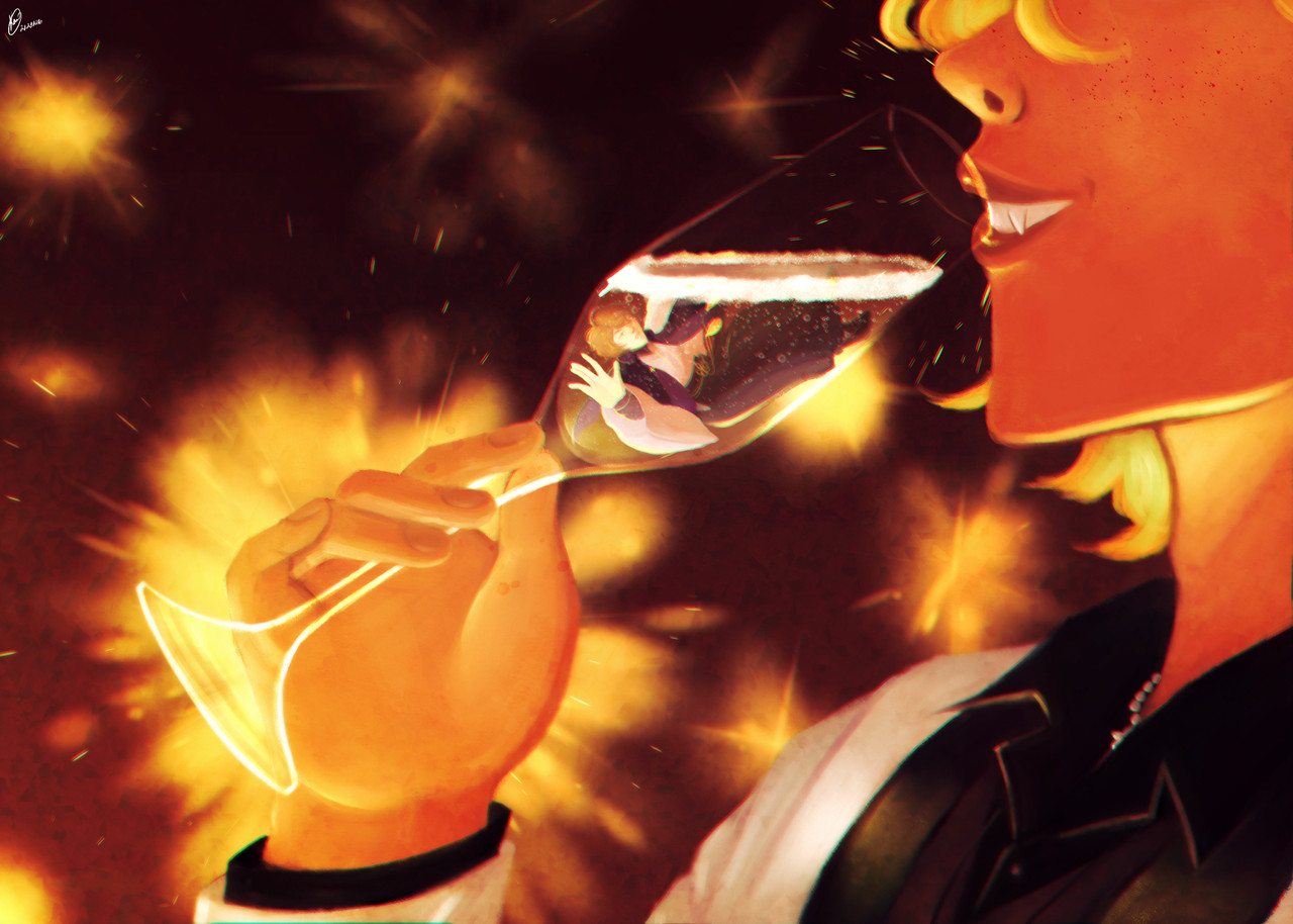 An illustration featuring Izanami Hifumi/Yumeno Gentaro (Hypnosis Mic). Hifumi, with a smirk revealing a wolf's fang, tilts his glass up to take a sip of champagne. In the glass is Gentaro, furious and fighting against the flow of the champagne.