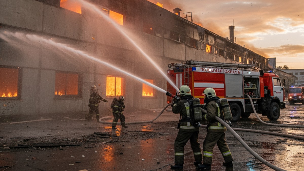 Российские пожарные тушат возгорание с использованием автоцистерны КамАЗ