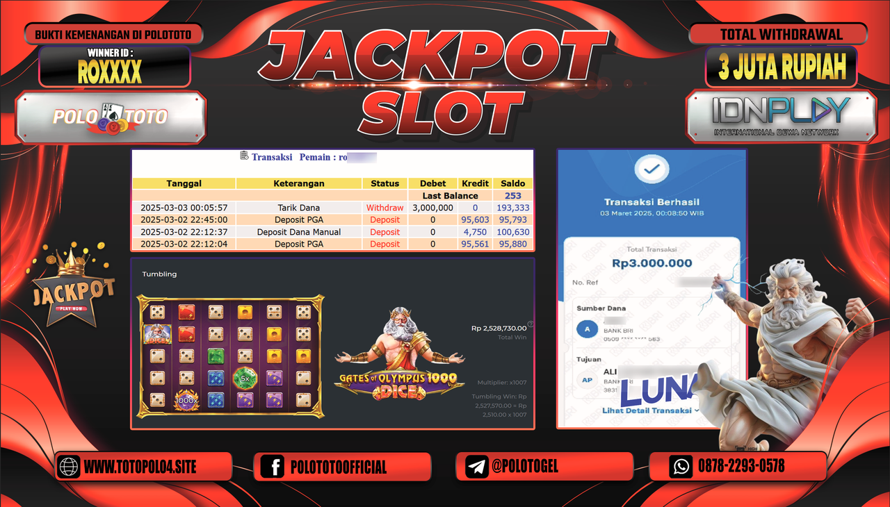 POLOTOTO JACKPOT SLOT GATES OF OLYMPUS DICE 1000 Rp.3.000.000,-