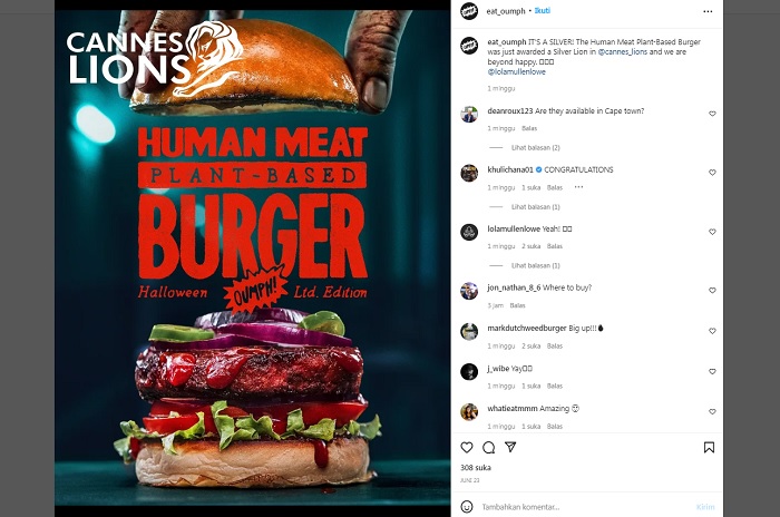 Oumph!, sebuah perusahaan makanan nabati asal Eropa mengmbangkan burger vegan yang diklaim memiliki rasa seperti daging manusia.