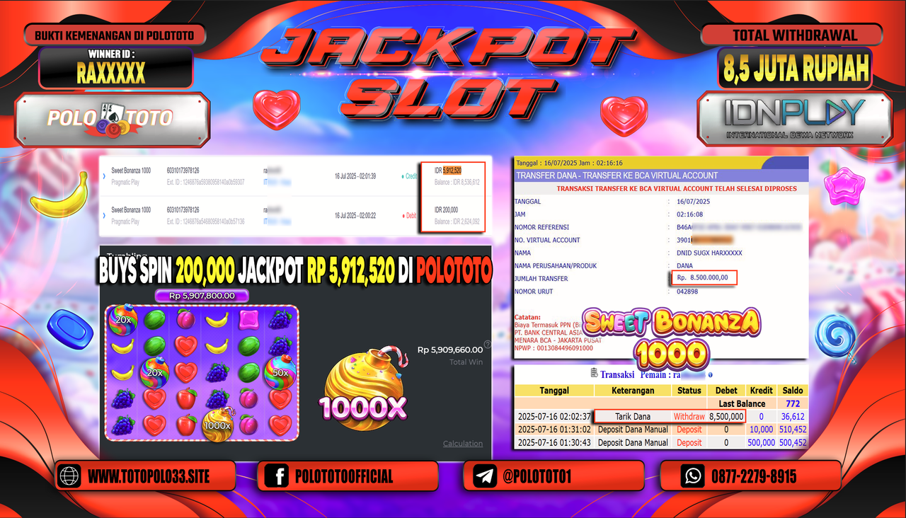POLOTOTO JACKPOT SLOT SWEET BONANZA 1000 Rp.8.500.000,- LUNAS