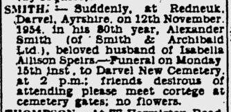 Death Notice - Alexander Smith - Glasgow Herald - 13 Nov 1954