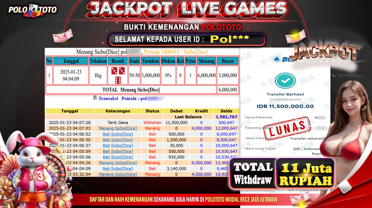 POLOTOTO JACKPOT LIVE GAMES SICBO Rp.11,500.000,-