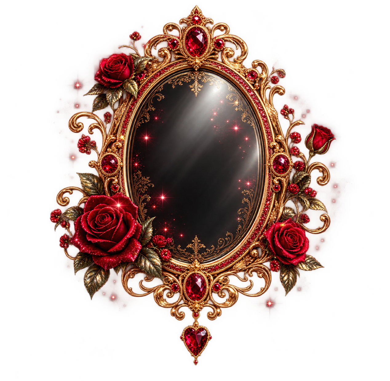 Miroir ancien orné de roses rouges et de rubis
