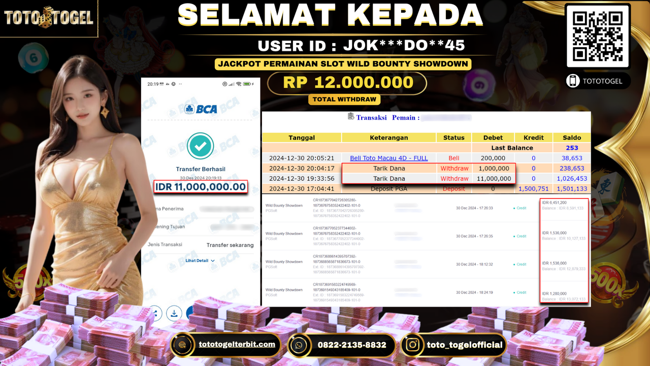 Bukti Pembayaran Jackpot  Permainan Slot Wild Bounty ShowDown  : JOK***DO**45 LUNAS