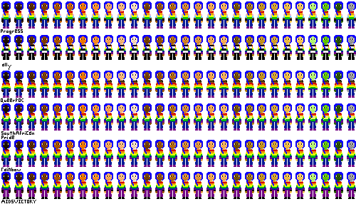 a row of people with pride flag shirts and dark indigo hair