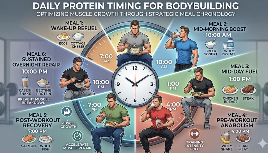 Clock showing meal times with protein sources eggs, chicken, fish, Greek yogurt, illustrating protein intake bodybuilding timing and how much protein per kg timing