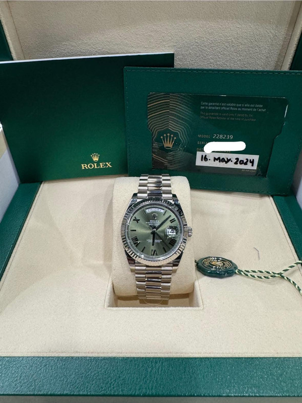 2024 Rolex White Gold Daydate 40 Olive Roman dial 228239 box/papers