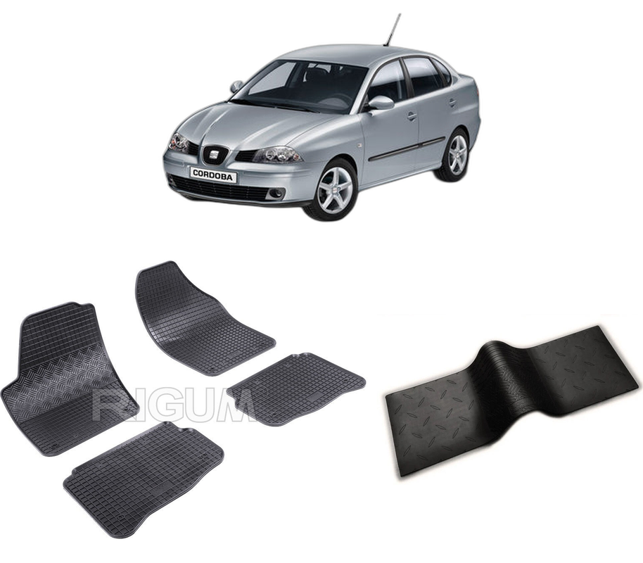 Set covorase auto SEAT CORDOBA II din 2002-2009, cu covoras tunel median, CAROSERIE SEDAN, Presuri cauciuc 100%, compatibil cu autoturismul SEAT CORDOBA II, Rigum