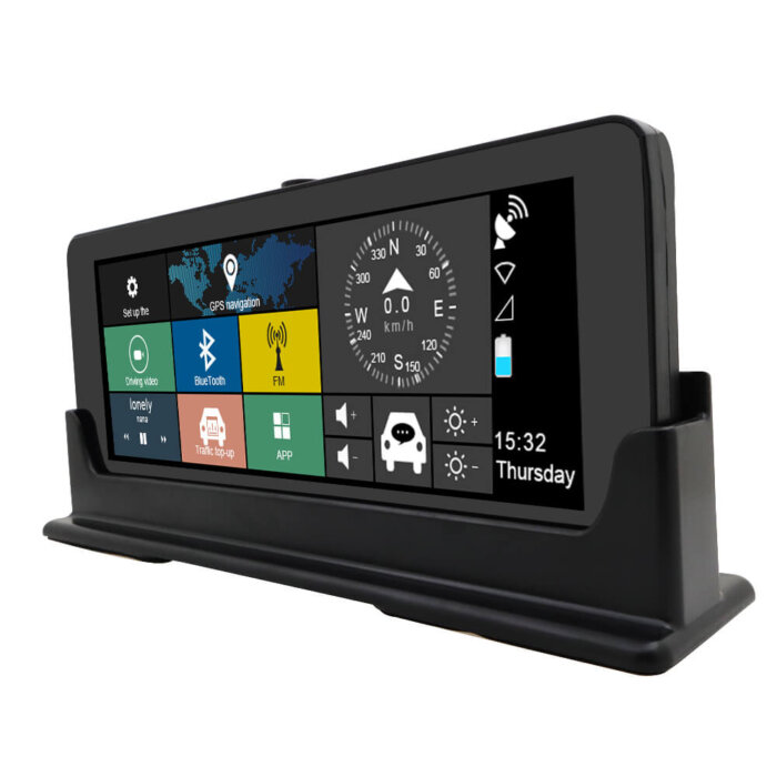 Una cámara dual de tablero montada en el parabrisas, mostrando la pantalla táctil y el procesador de navegación.