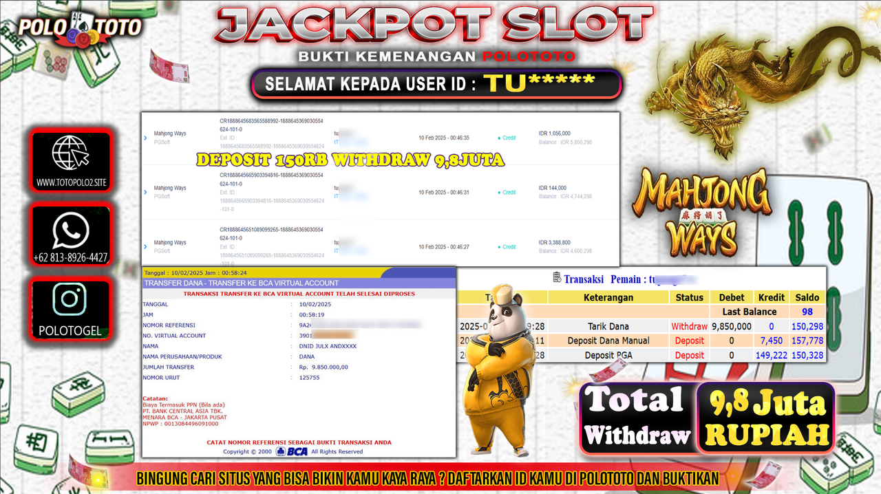 POLOTOTO JACKPOT SLOT MAHJONG WAYS Rp.9,850.000,-