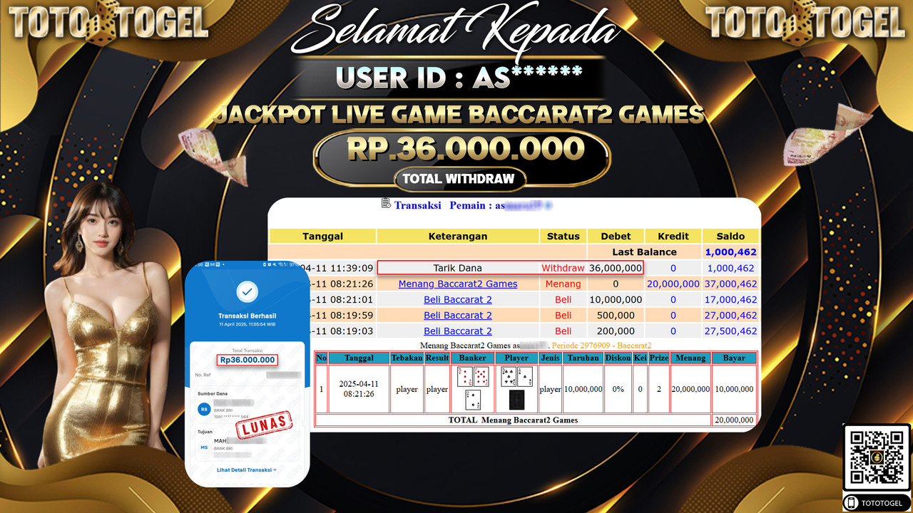Bukti Pembayaran Jackpot  Permainan Live Game Baccarat2 Games ID:AS****** LUNAS