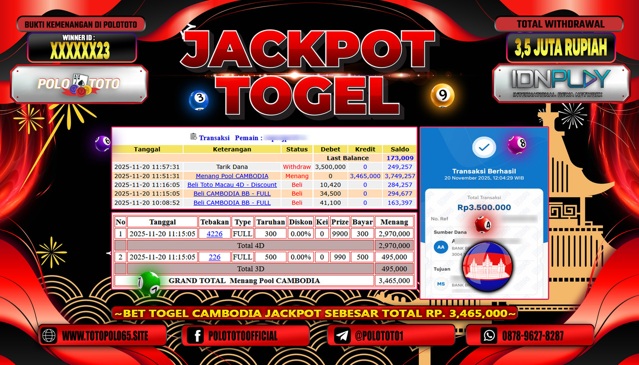 POLOTOTO JACKPOT TOGEL CAMBODIA POOLS Rp.3.500.000,- LUNAS