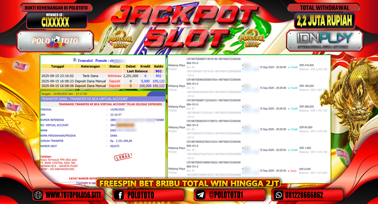 POLOTOTO JACKPOT SLOT MAHJONG WAYS Rp.2.251.000,-