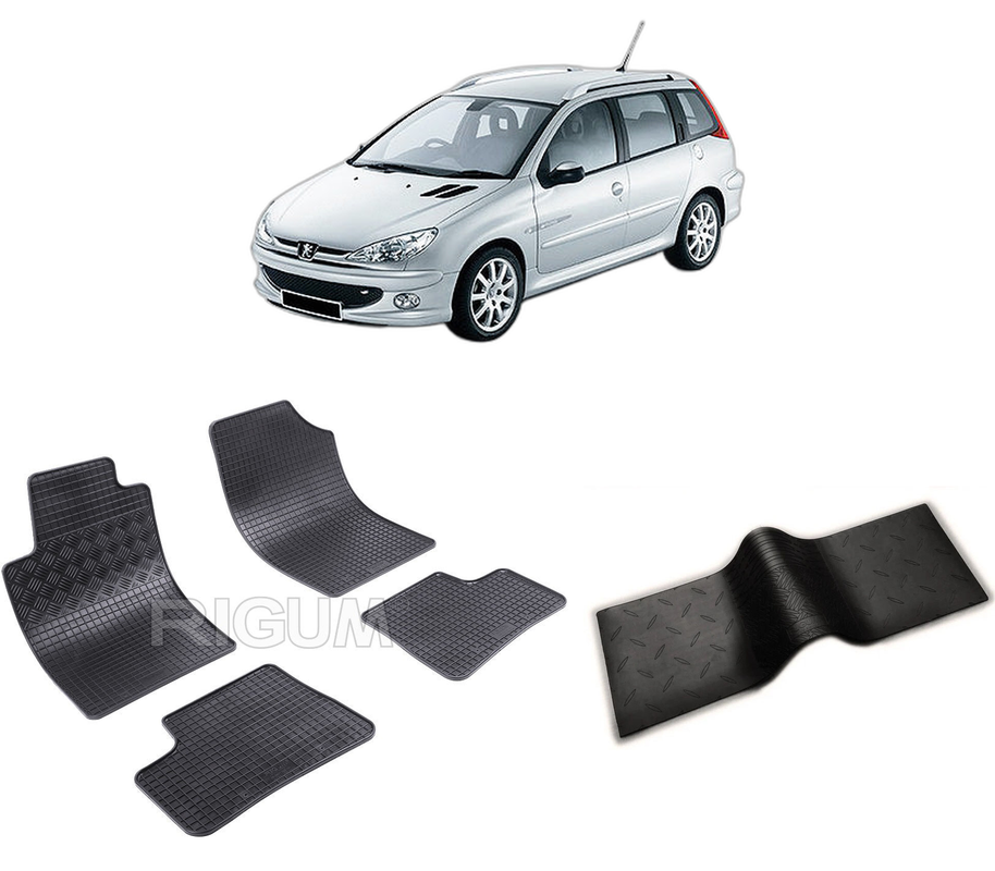 Set covorase auto PEUGEOT 206 din 2002-2007, cu covoras tunel median, CAROSERIE COMBI, Presuri cauciuc 100%, compatibil cu autoturismul PEUGEOT 206, Rigum