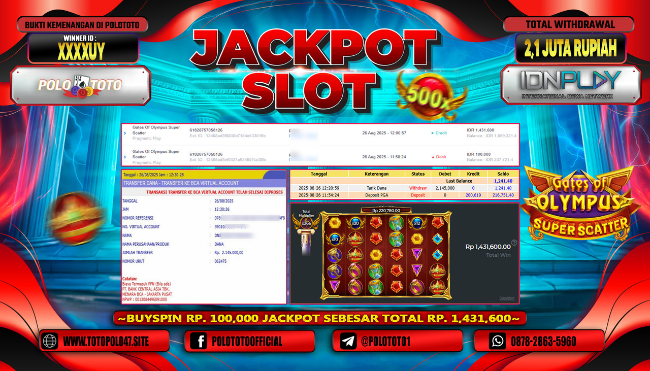 POLOTOTO JACKPOT SLOT GATES OF OLYMPUS SUPER SCATTER Rp.2.100.000,- LUNAS
