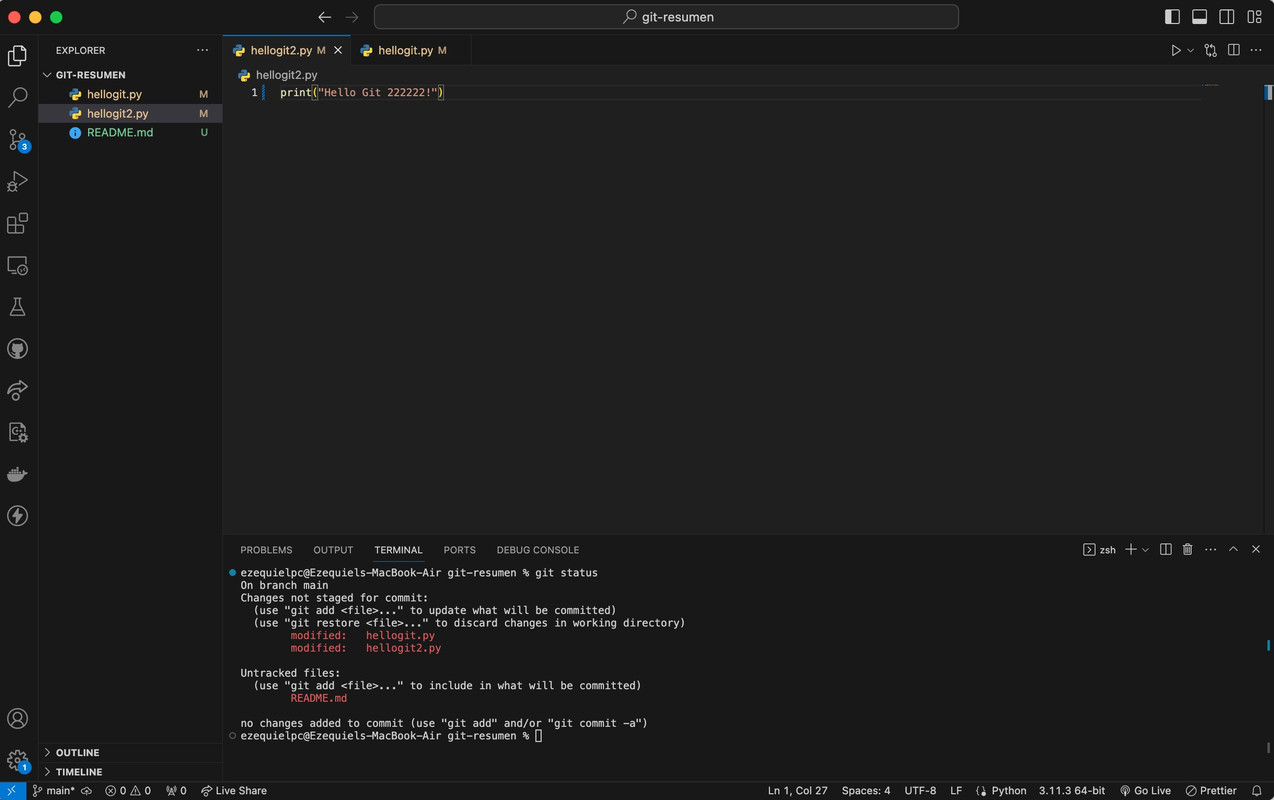 Ejecucion comando git status luego de modificar un archivo Git status y Git log